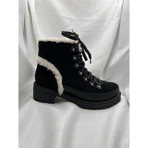 Tory Burch Women Cooper Suede Shearling Lined Lace-up Black Lug Boots size 8